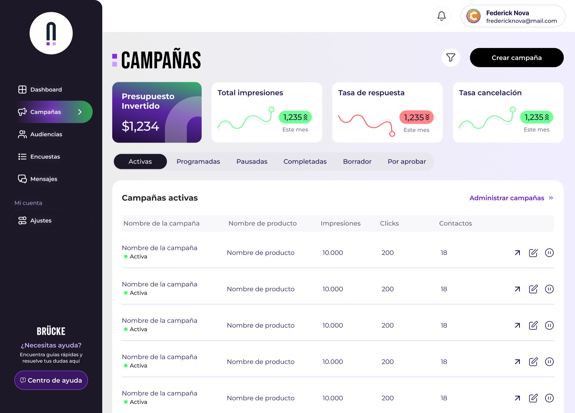 Brücke campaigns overview with budget, impressions and active campaigns