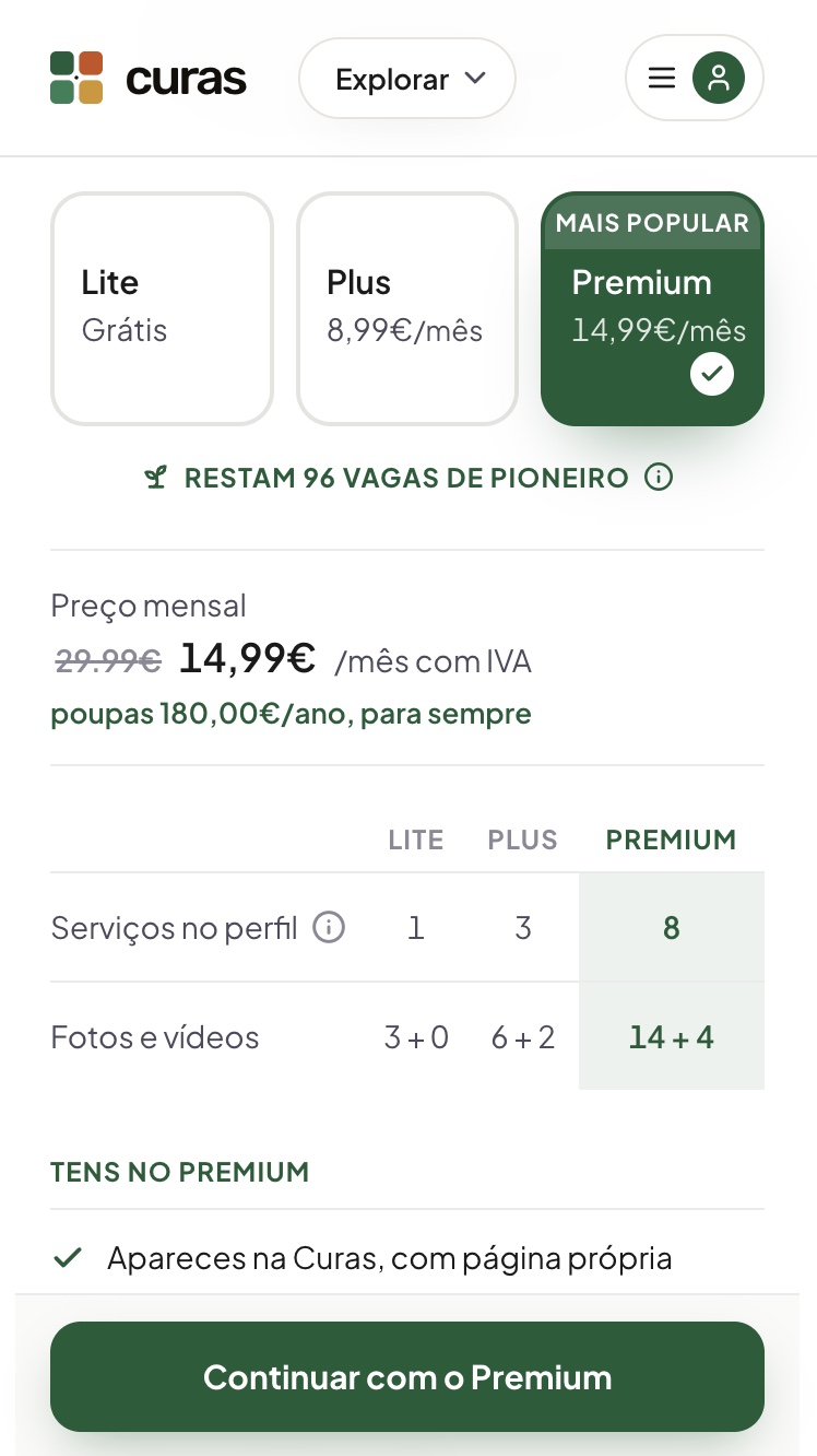 Curas plans on mobile: Lite free, Plus at 8.99 euros a month, Premium at 14.99 euros a month with pioneer pricing