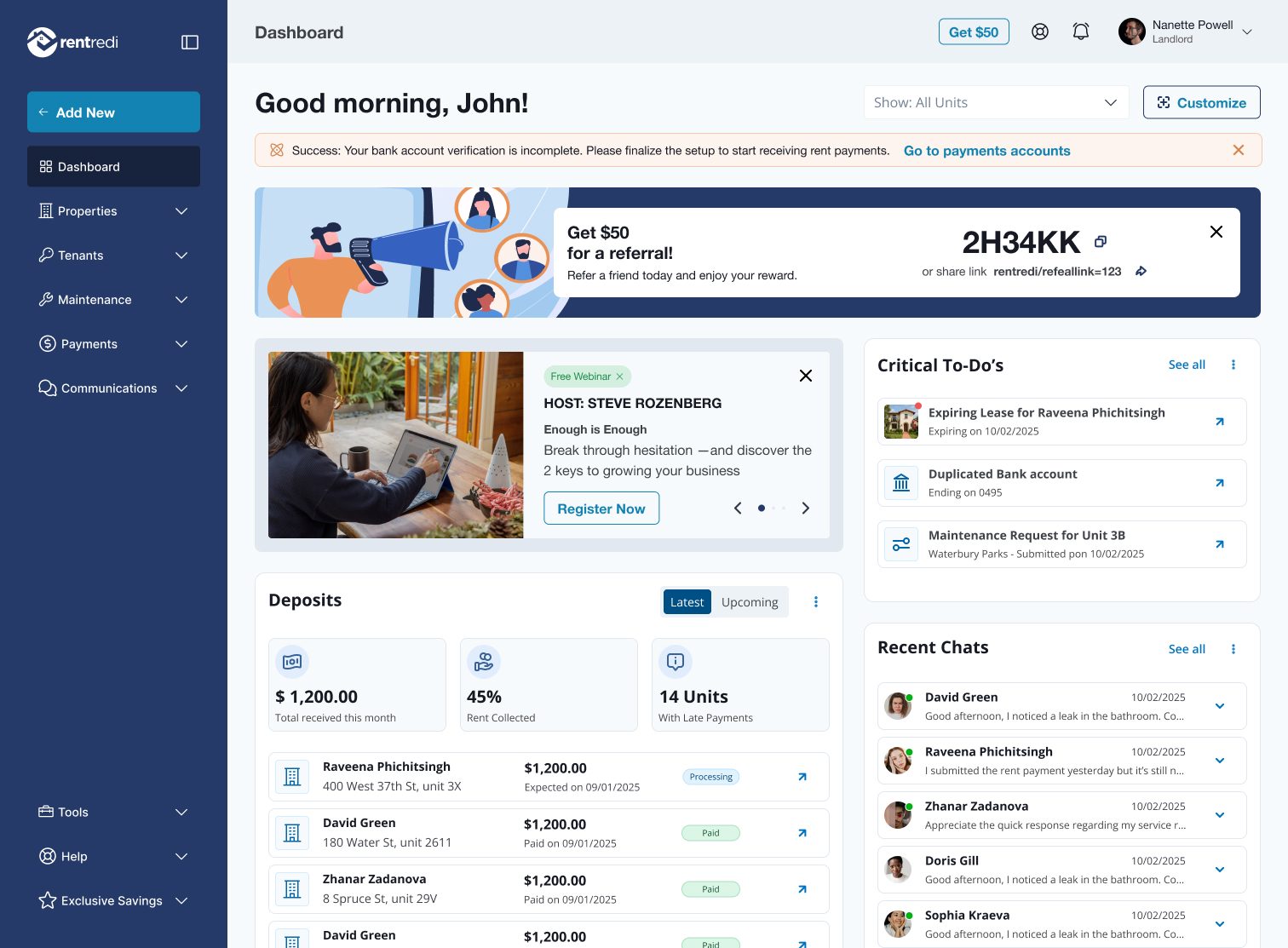 Redesigned RentRedi landlord dashboard