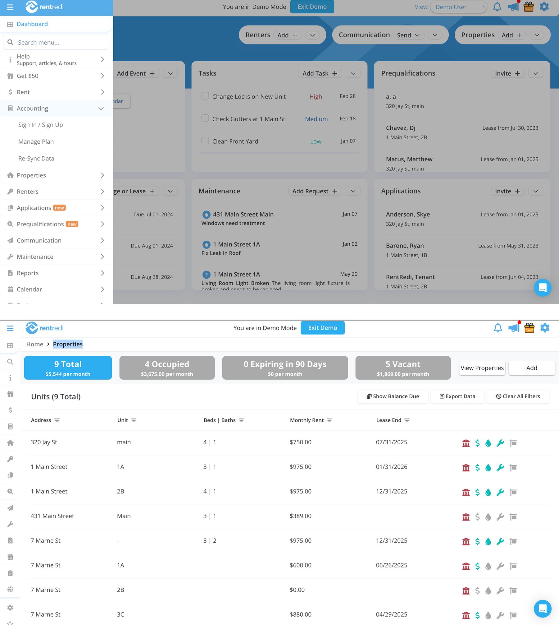 The old RentRedi product: long side menu and properties table