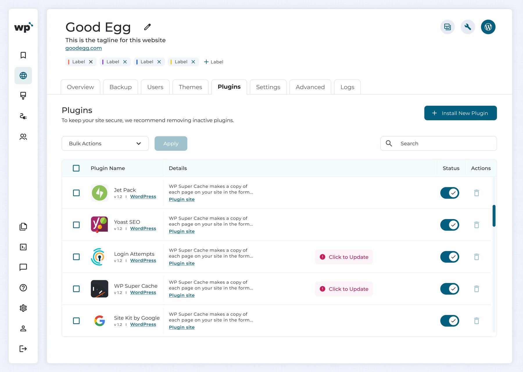 WP Squared plugins table with status toggles and update prompts
